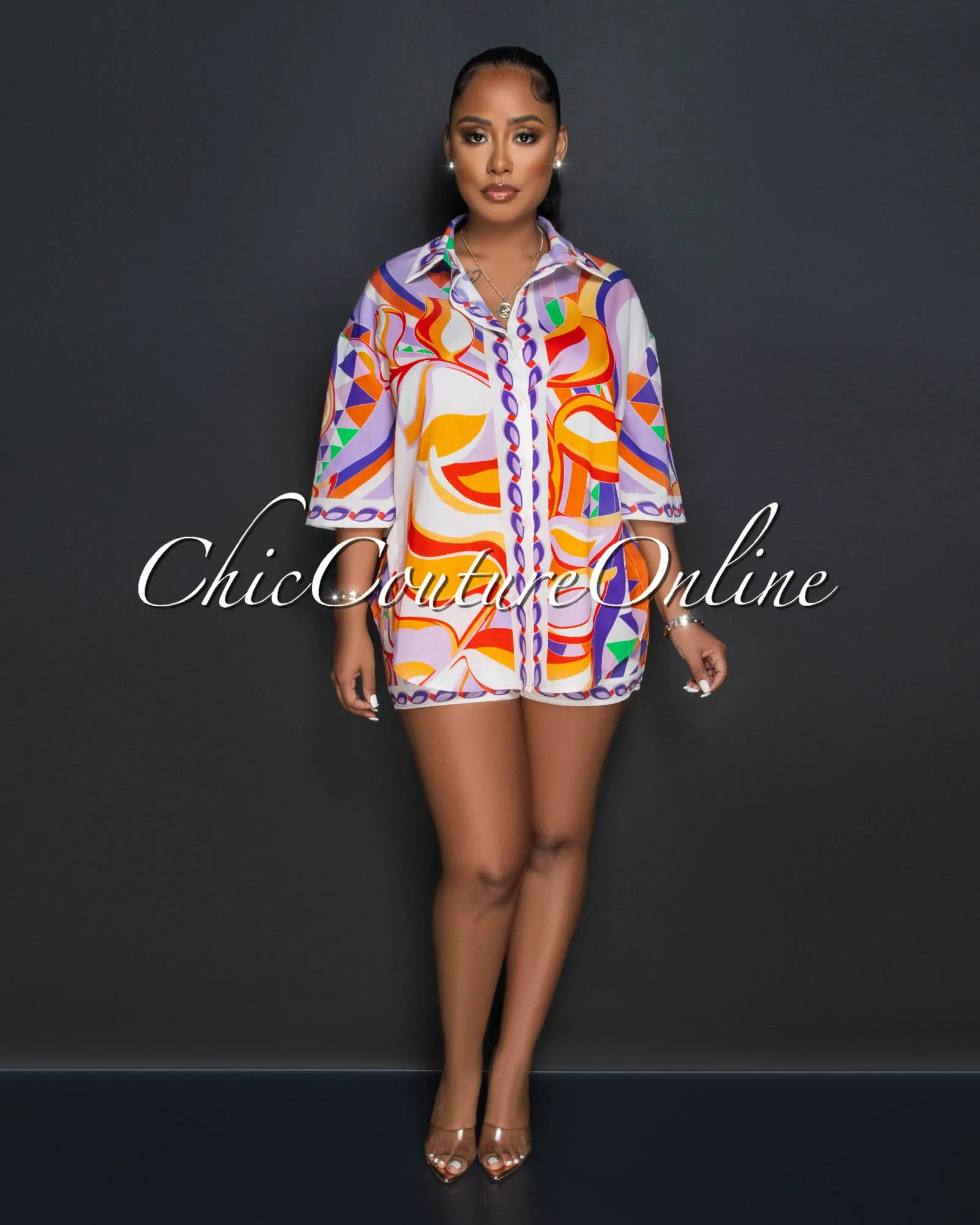 *Kristina Orange Lilac Multi-Color Print Shirt & Shorts Set sold by Chic Couture product image thumbnail 3