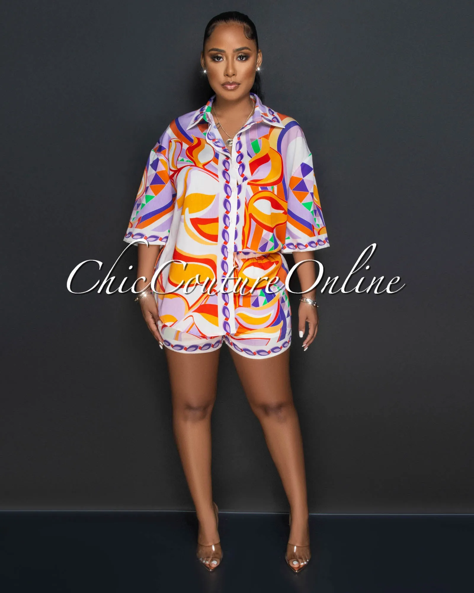 *Kristina Orange Lilac Multi-Color Print Shirt & Shorts Set sold by Chic Couture product image thumbnail 2