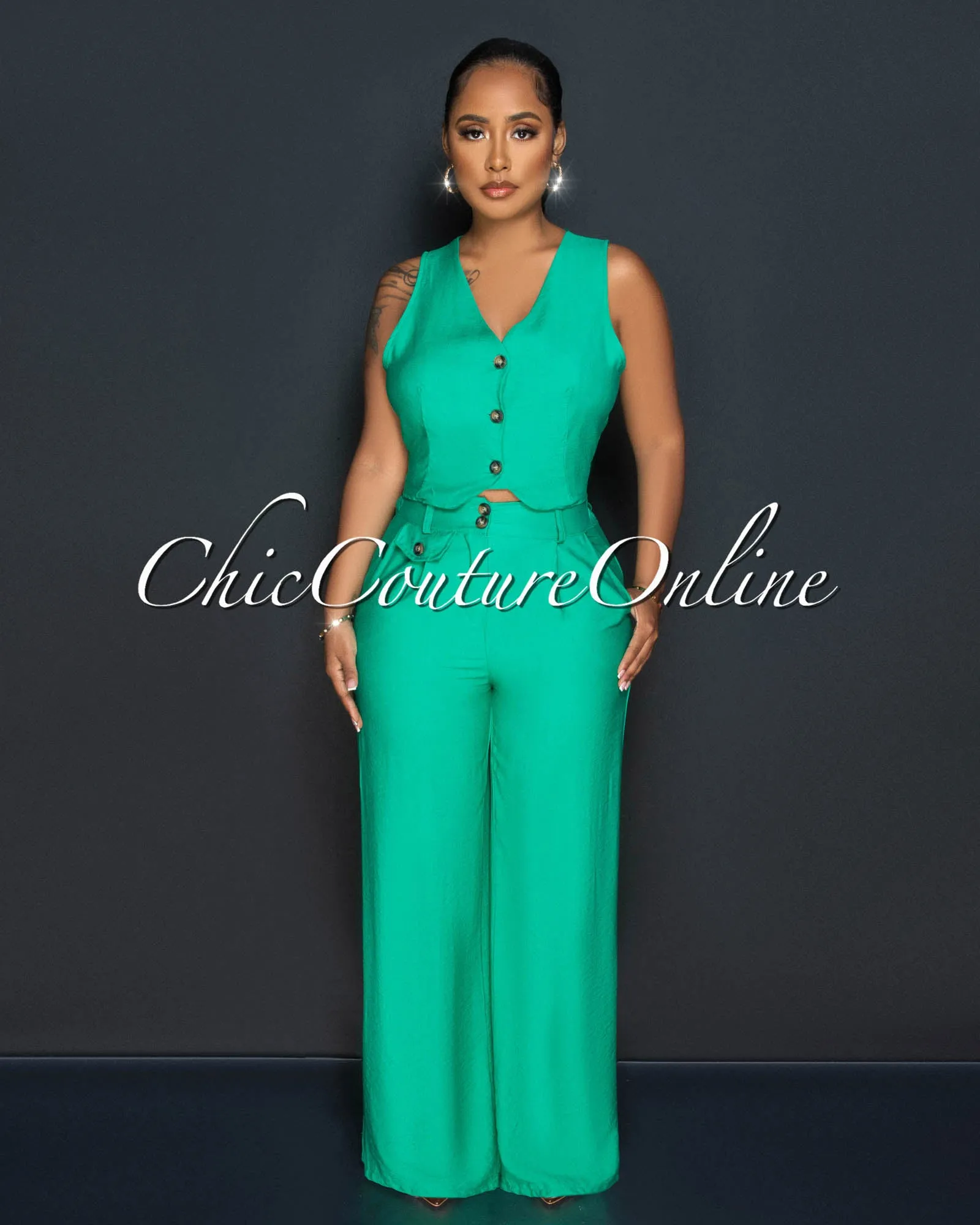 *Orene Green Buttons Crop Top & Wide Pants Set sold by Chic Couture product image thumbnail 2