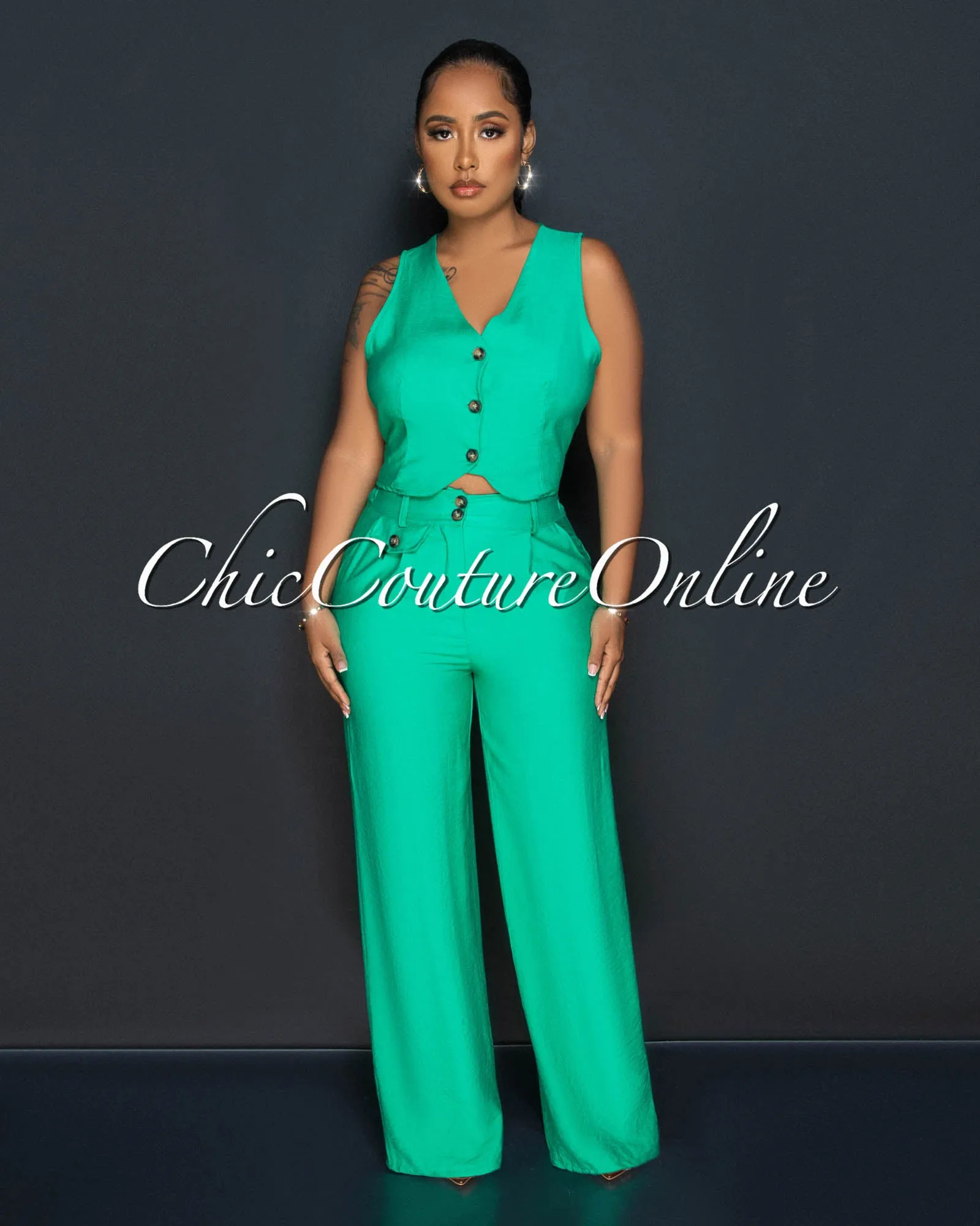 *Orene Green Buttons Crop Top & Wide Pants Set sold by Chic Couture