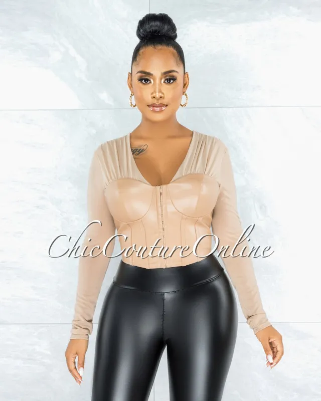 *Ayele Nude Corset Front Hook Closure Faux Leather Mesh Top sold by Chic Couture