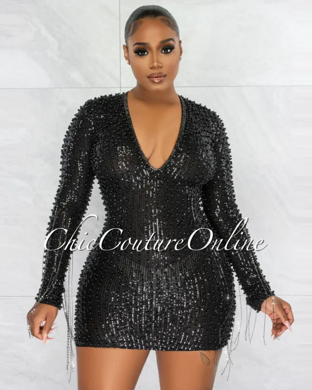 *Glory Black Sequin Pearls Chain Sleeves Fringe Mini Dress sold by Chic Couture