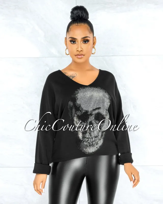 *Osmel Black Front Silver Rhinestones Skull Sweater made by Chic Couture