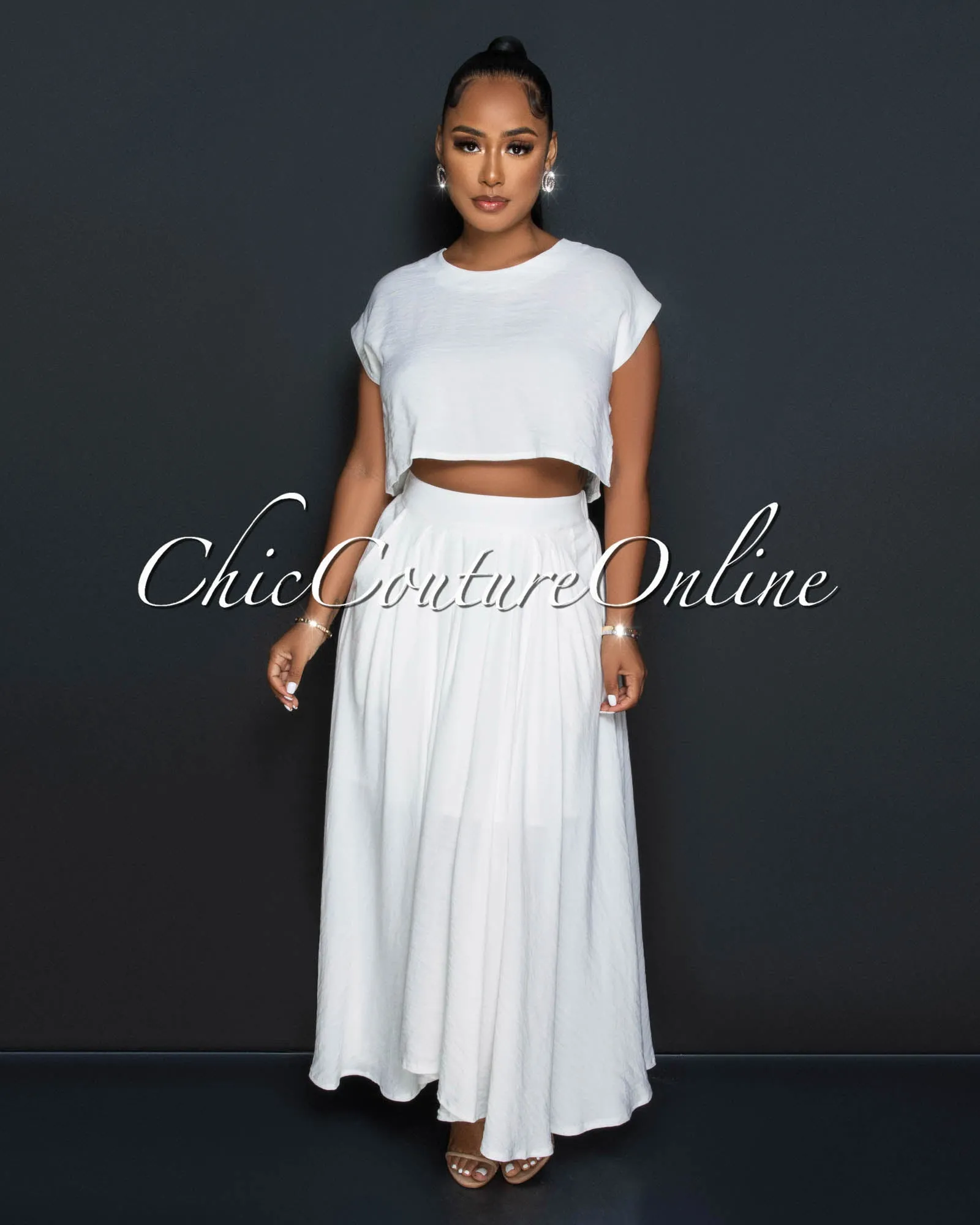 Desideria Off-White Crop Top & Maxi Skirt Set sold by Chic Couture