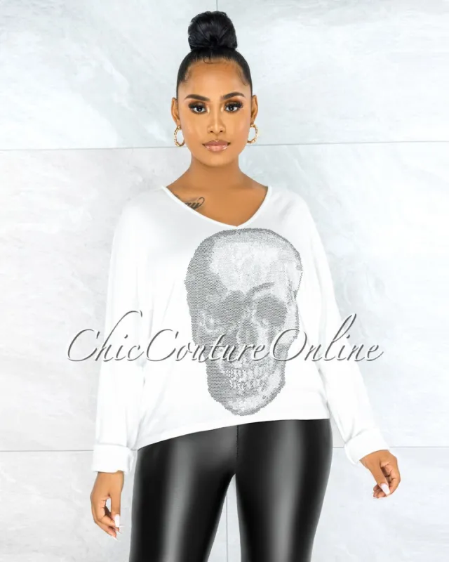 *Osmel Off-White Front Silver Rhinestones Skull Sweater made by Chic Couture