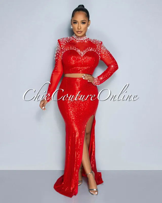*Bandia Red Rhinestones & Pearls Mesh Crop Top & Maxi Skirt Set sold by Chic Couture