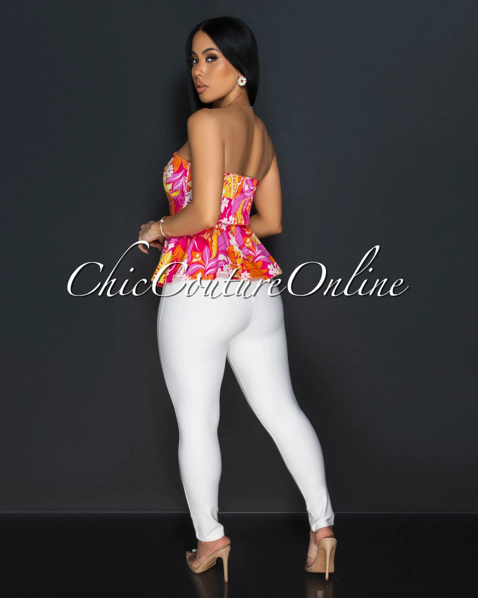 *Ofa Fuchsia Orange Floral V Neck Peplum Top sold by Chic Couture product image thumbnail 4