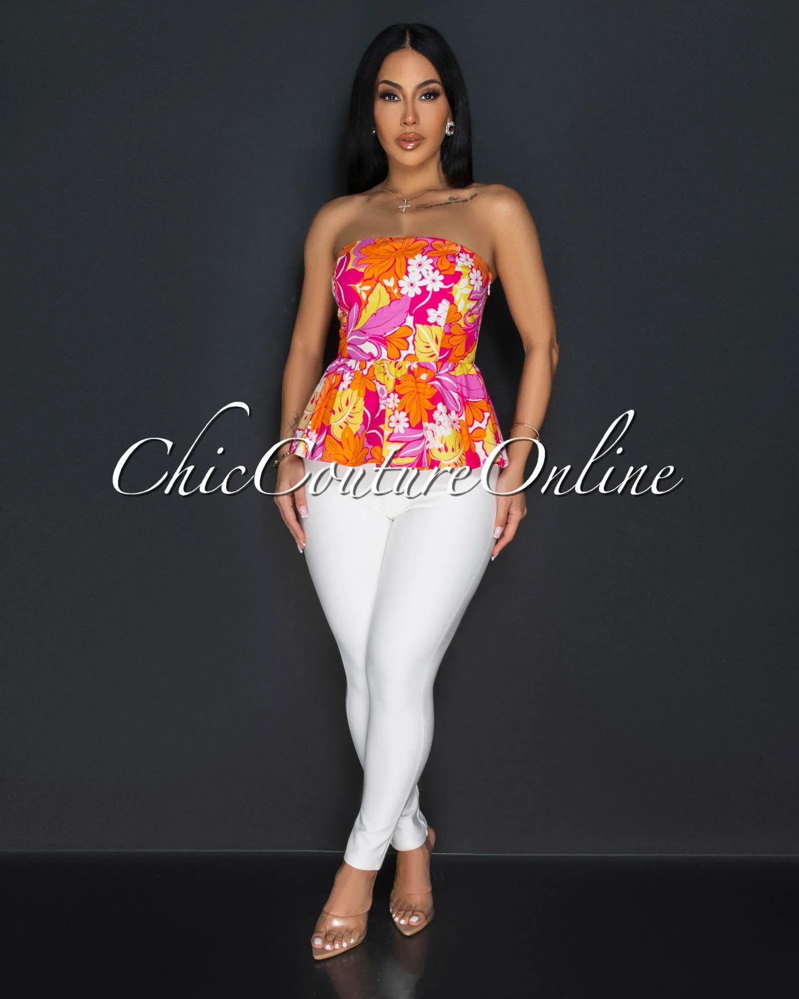 *Ofa Fuchsia Orange Floral V Neck Peplum Top sold by Chic Couture product image thumbnail 3