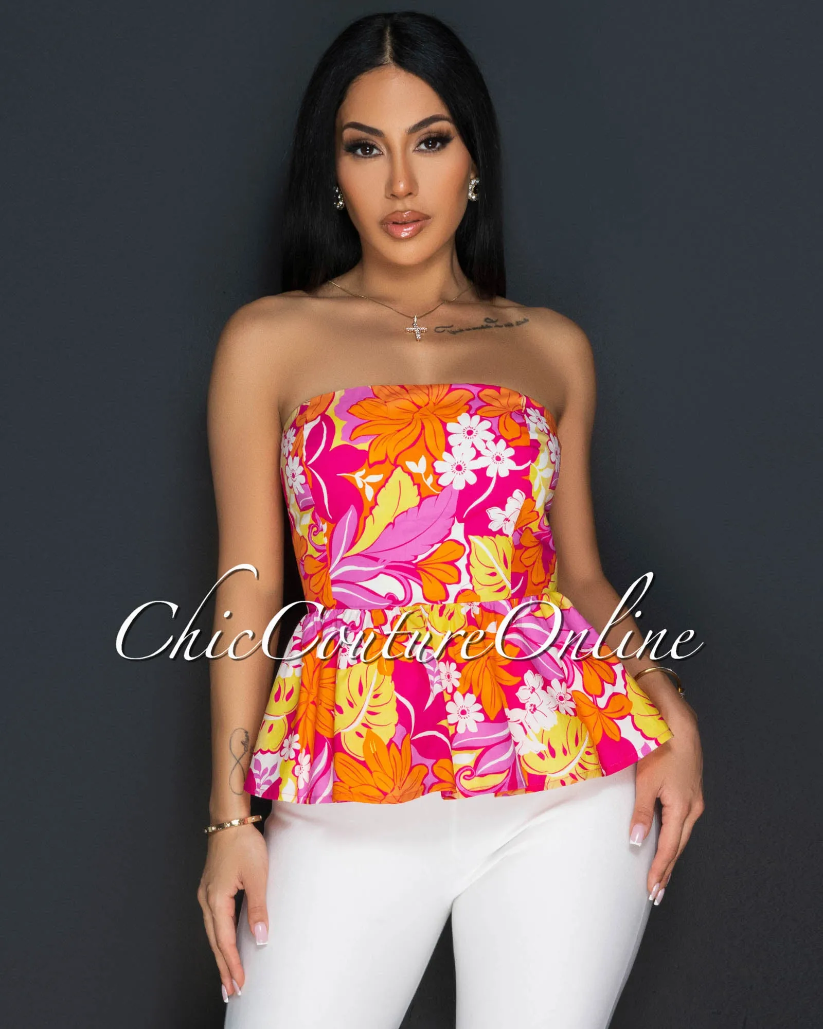 *Ofa Fuchsia Orange Floral V Neck Peplum Top sold by Chic Couture