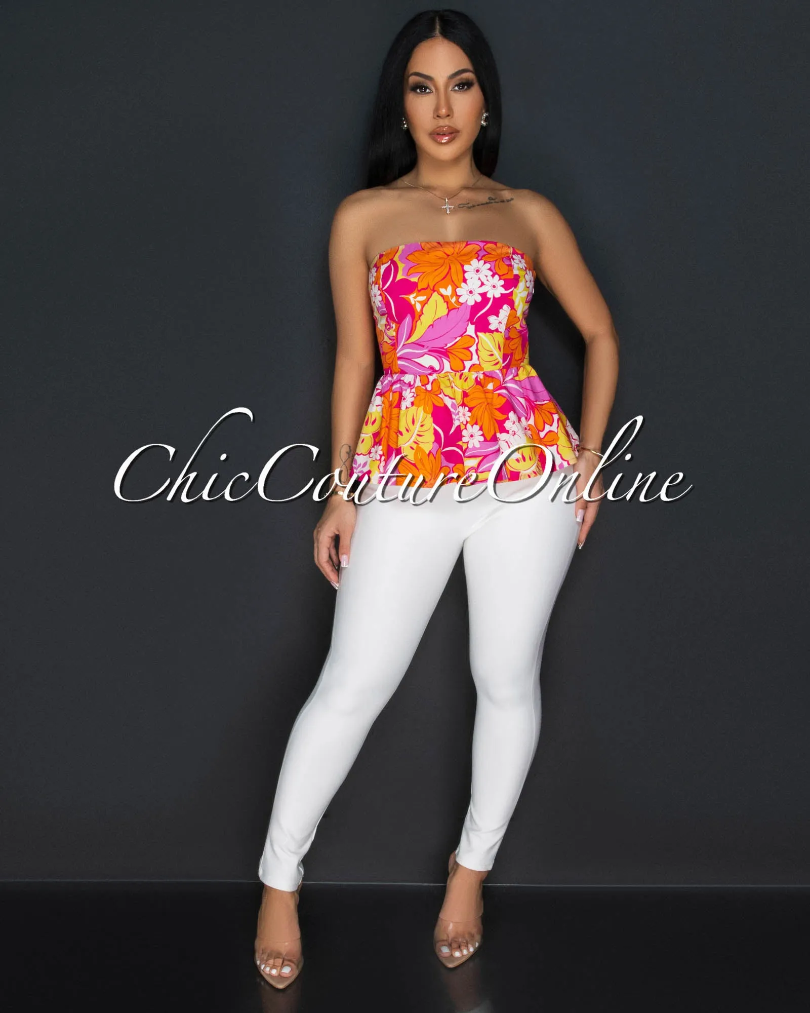 *Ofa Fuchsia Orange Floral V Neck Peplum Top sold by Chic Couture product image thumbnail 2