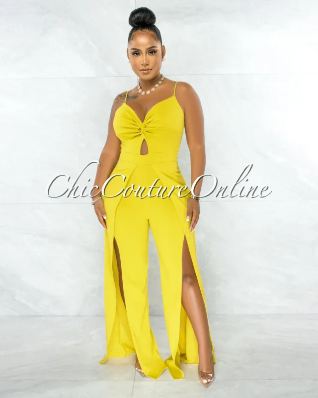 Destiny Lime Bust Key-Hole Knot Slit Legs Jumpsuit sold by Chic Couture