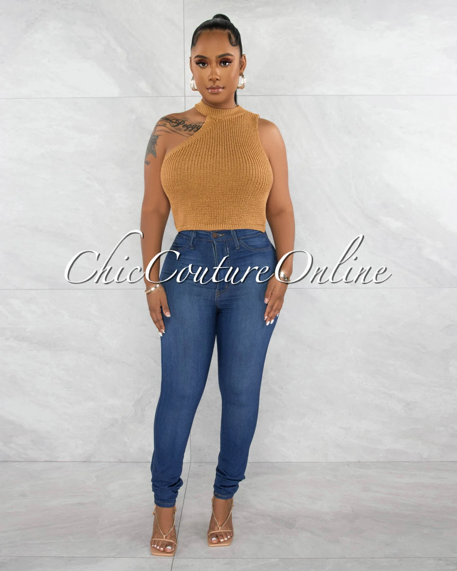 *Harisa Camel Knit Asymmetrical Neckline Crop Top sold by Chic Couture product image thumbnail 2