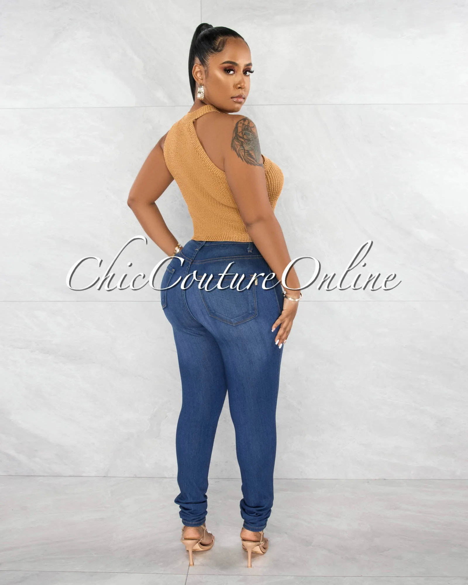 *Harisa Camel Knit Asymmetrical Neckline Crop Top sold by Chic Couture product image thumbnail 3