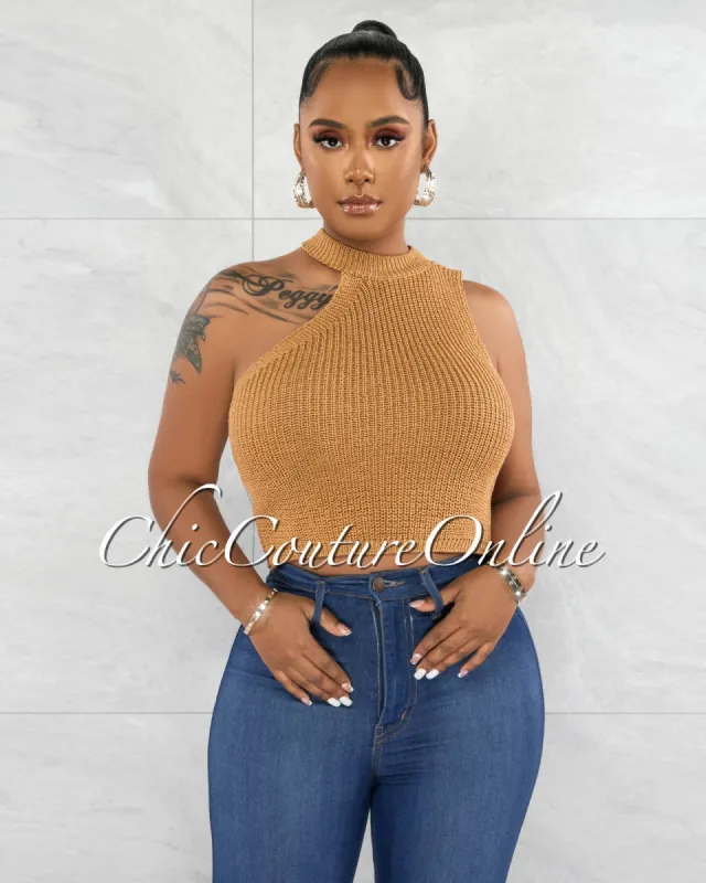 *Harisa Camel Knit Asymmetrical Neckline Crop Top sold by Chic Couture