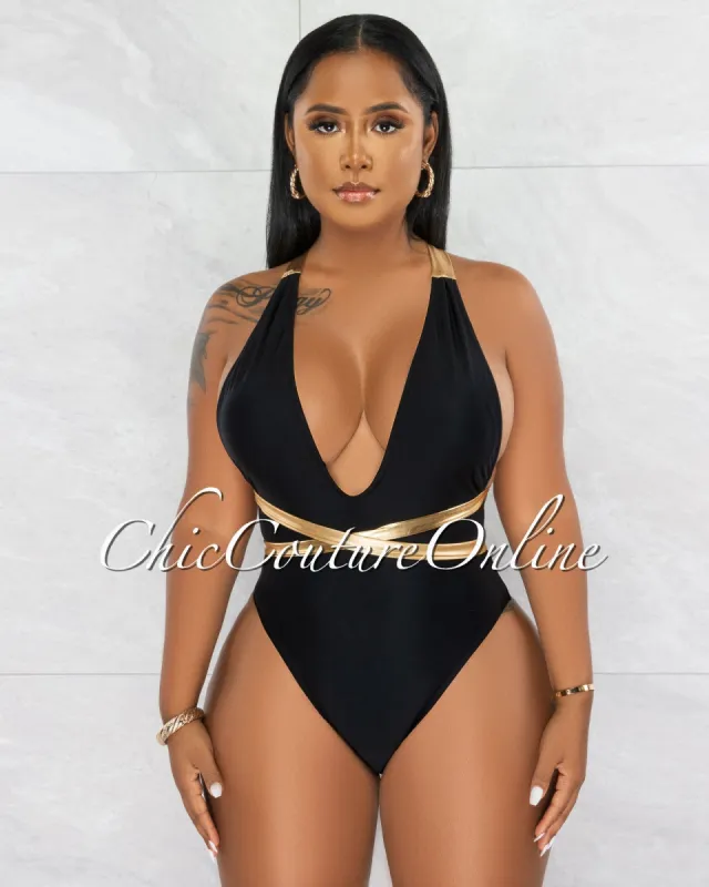 Beck Black Gold Straps One Piece Halter Swimsuit sold by chic