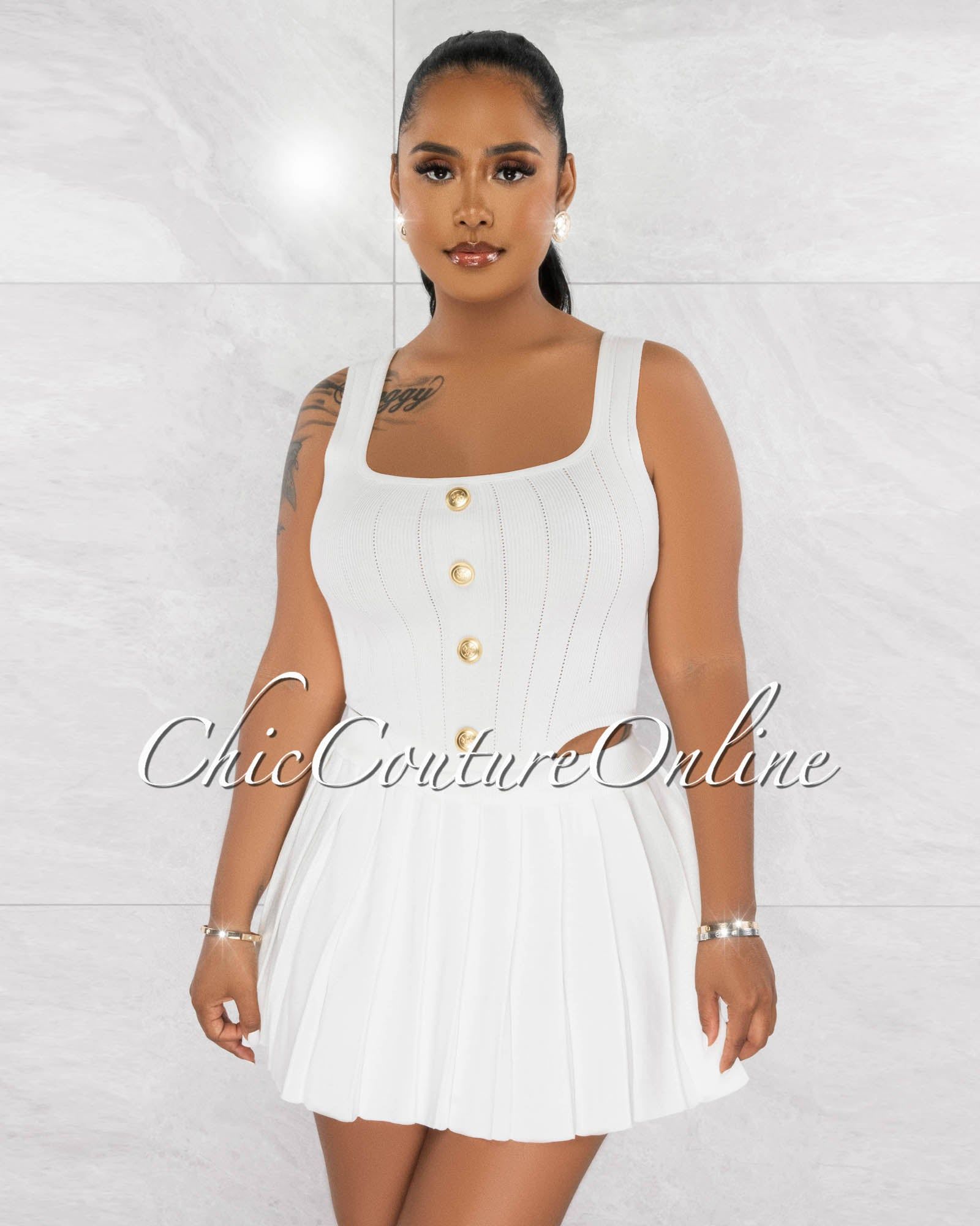 Gidney Off-White Gold Buttons Top & Mini Pleated Skirt Knit Set sold by Chic Couture