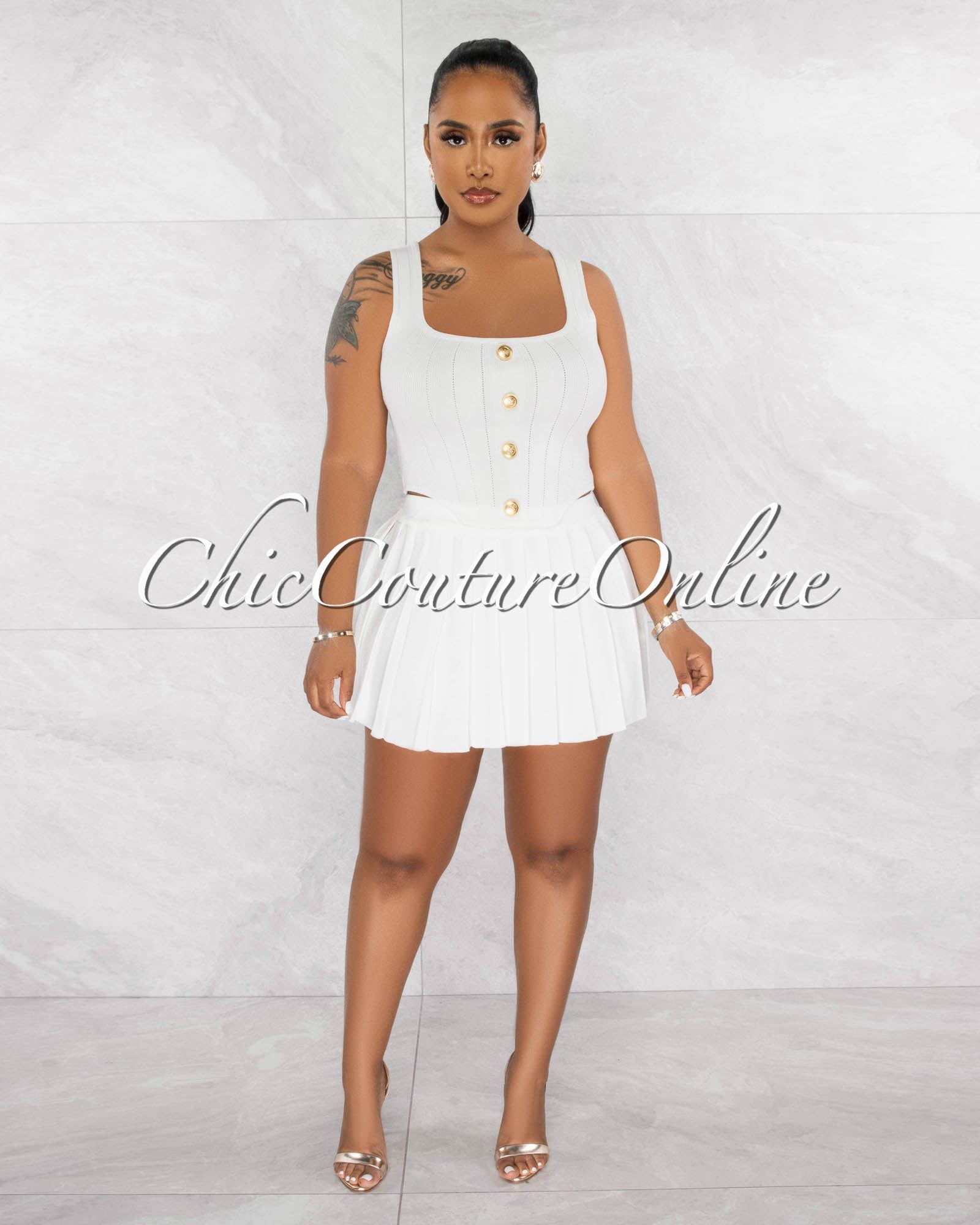 Gidney Off-White Gold Buttons Top & Mini Pleated Skirt Knit Set sold by Chic Couture product image thumbnail 2