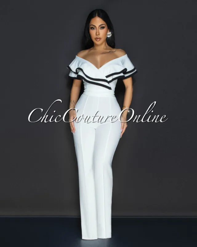 Mara White Black Trim Ruffle Bust Jumpsuit sold by Chic Couture