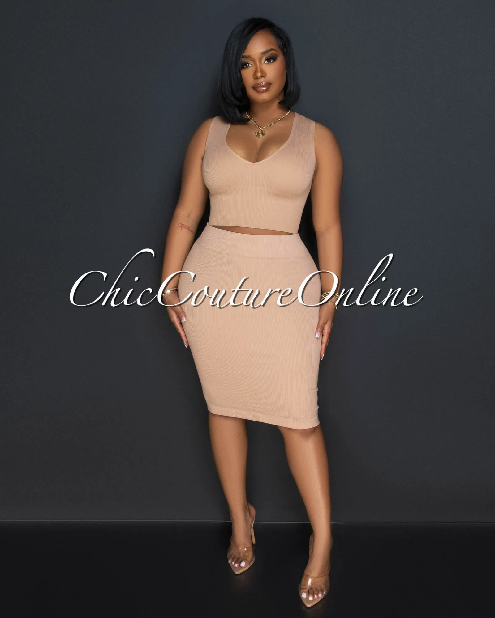 Ebanks Nude Ribbed SCULPTING Crop Top & Skirt Set sold by Chic Couture product image thumbnail 2