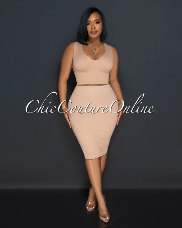 Ebanks Nude Ribbed SCULPTING Crop Top & Skirt Set sold by Chic Couture