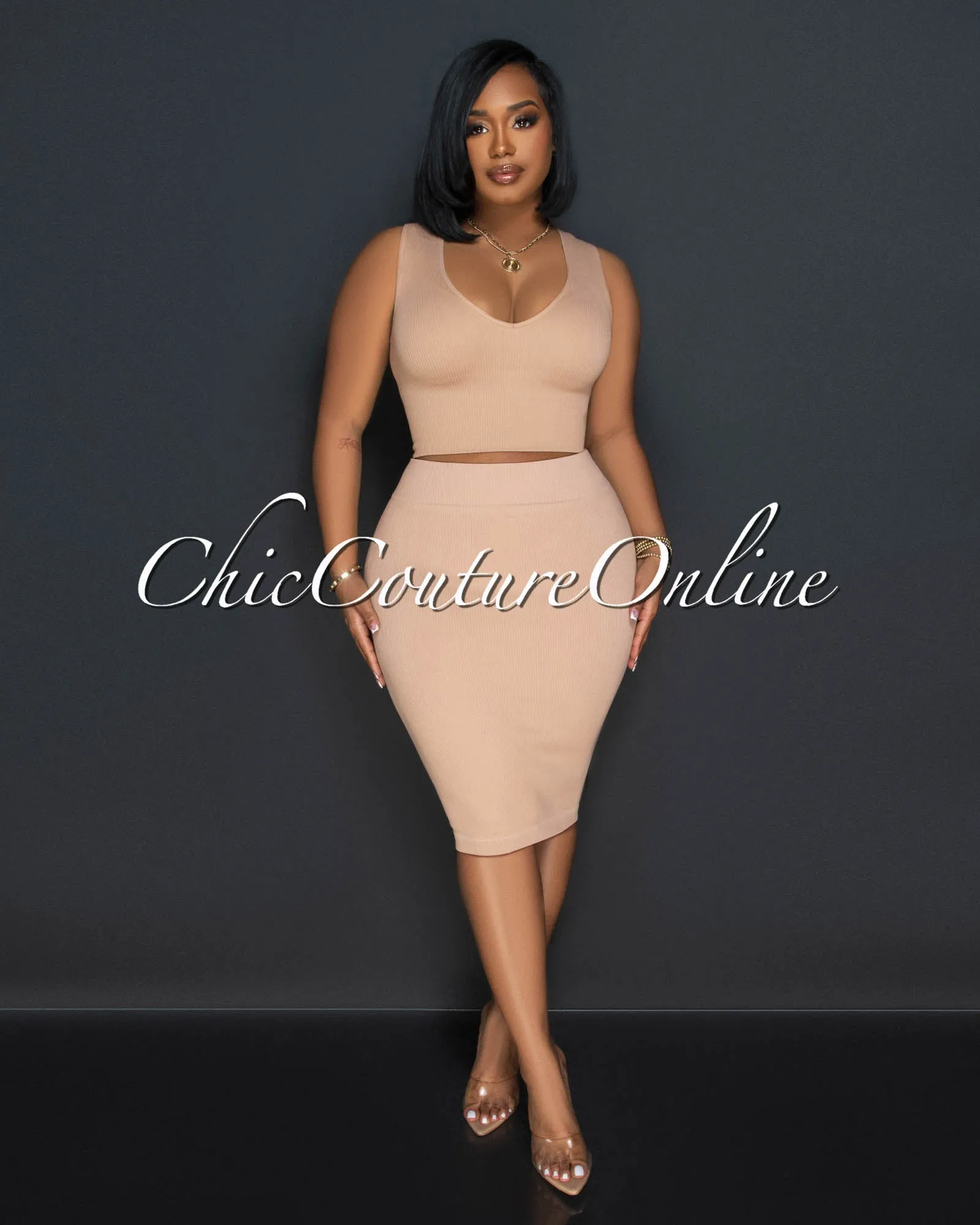 Ebanks Nude Ribbed SCULPTING Crop Top & Skirt Set sold by Chic Couture