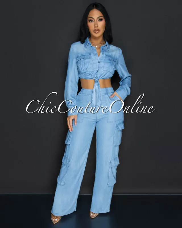 Indigo Light Denim Crop Top & Pants Cargo Set sold by Chic Couture