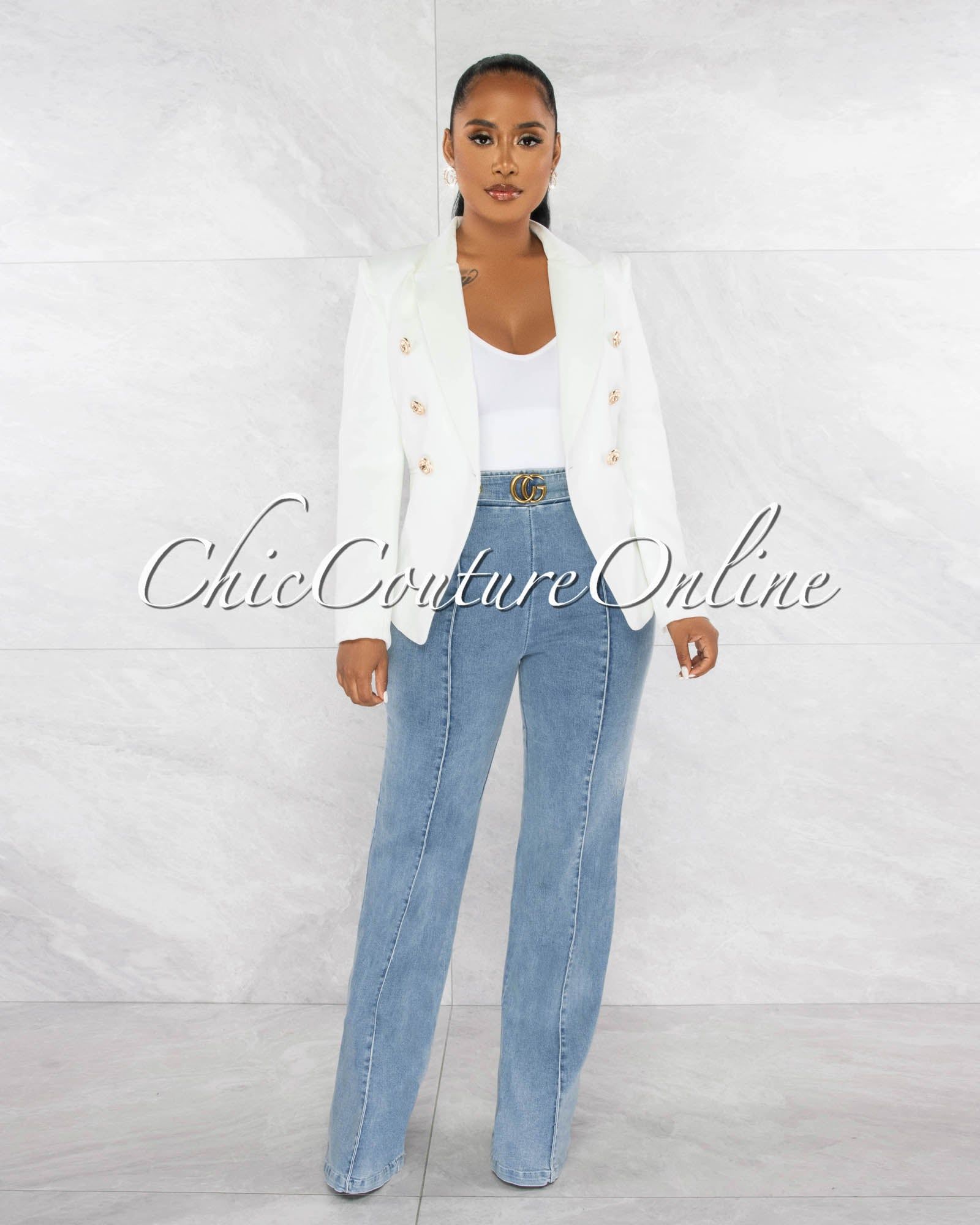 Zack Off-White Double Trench Gold Buttons Blazer sold by Chic Couture product image thumbnail 2