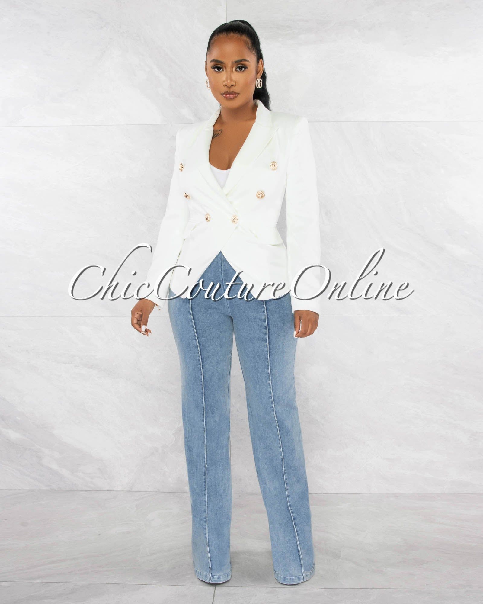 Zack Off-White Double Trench Gold Buttons Blazer sold by Chic Couture product image thumbnail 3