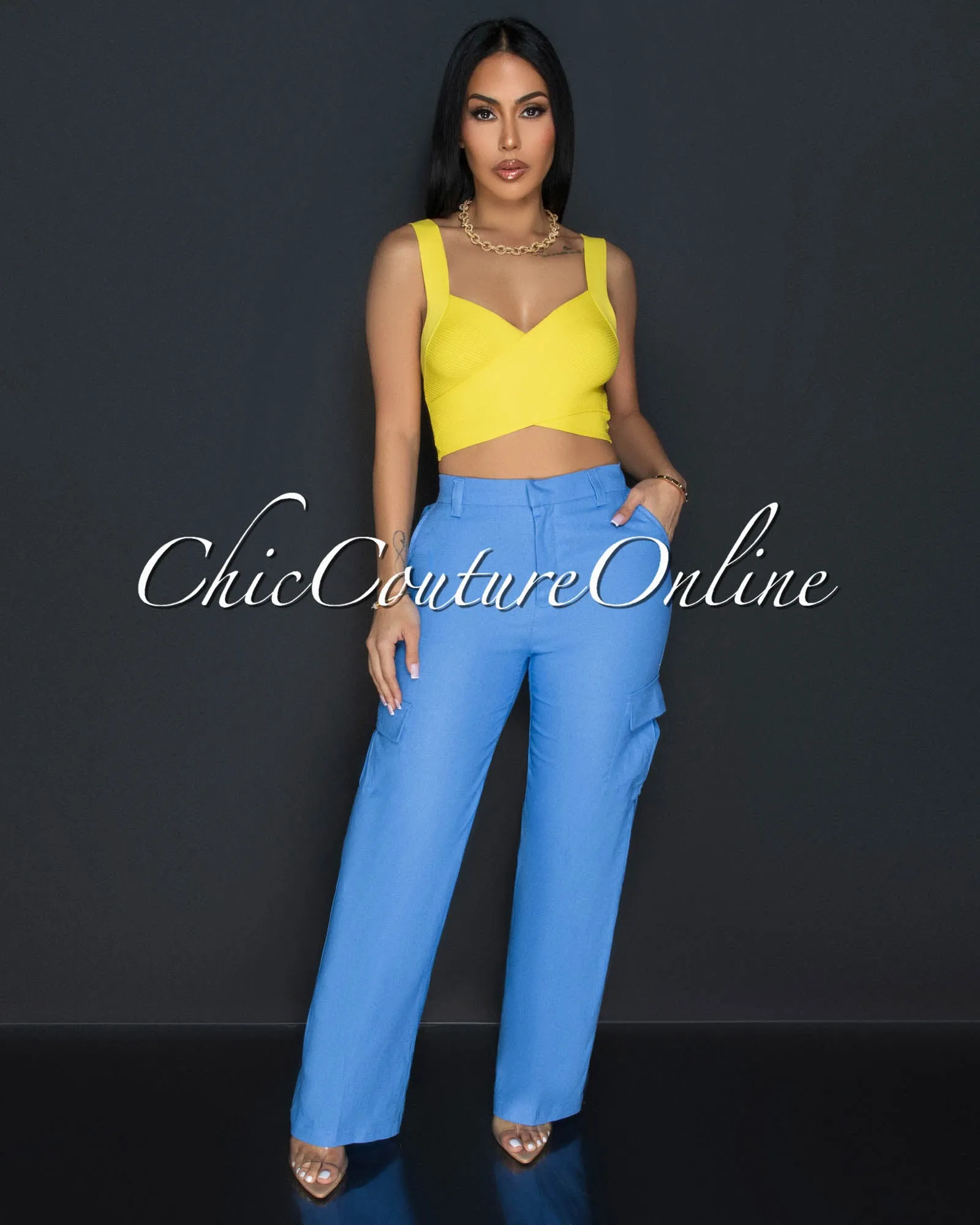 *Kerly Light Blue Cargo Linen Pants sold by Chic Couture