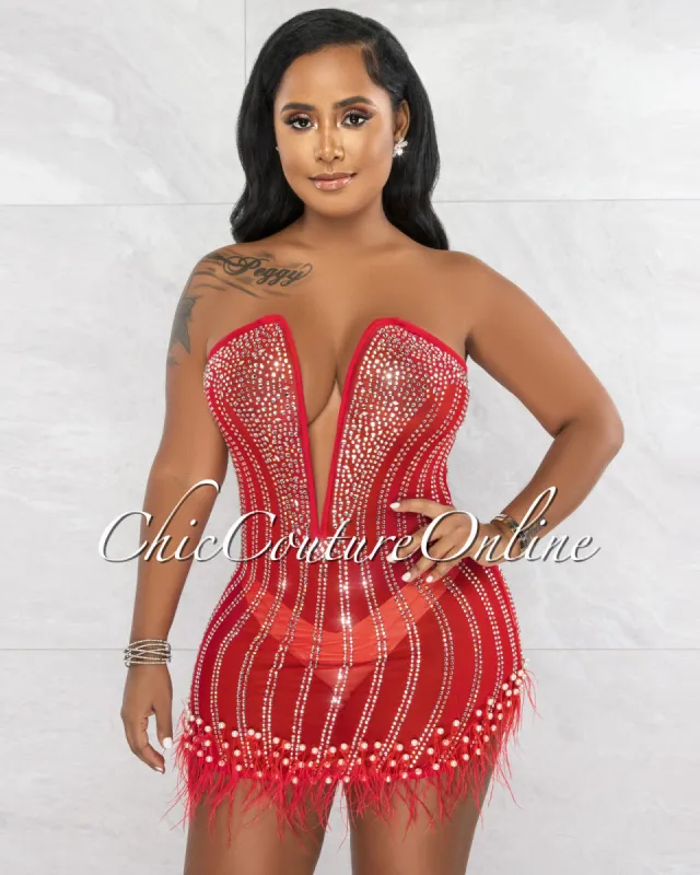 *Sebastian Red Rhinestones Pearls & Feathers Mesh Sheer Mini Dress sold by Chic Couture
