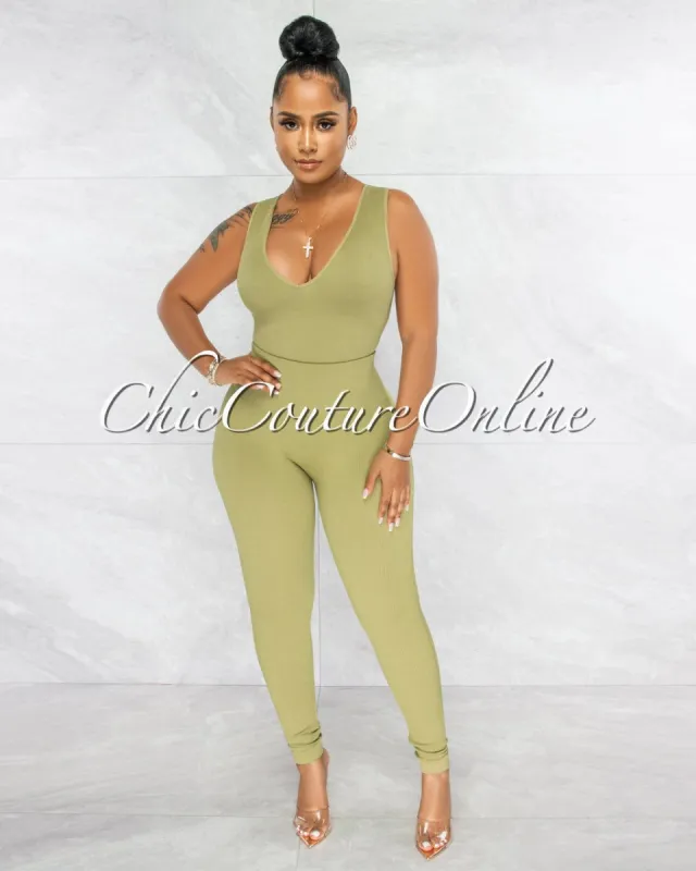 Leonette Olive Green Ribbed SCULPTING Crop Top & Leggings Set sold by chic
