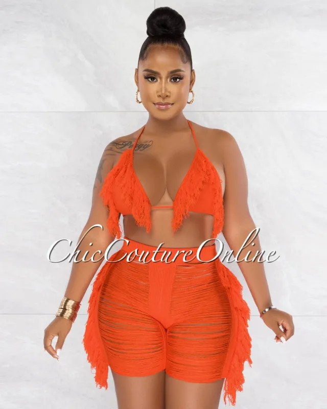 Columbia Orange Crochet Fringe Cover-Up Shorts Set sold by chic