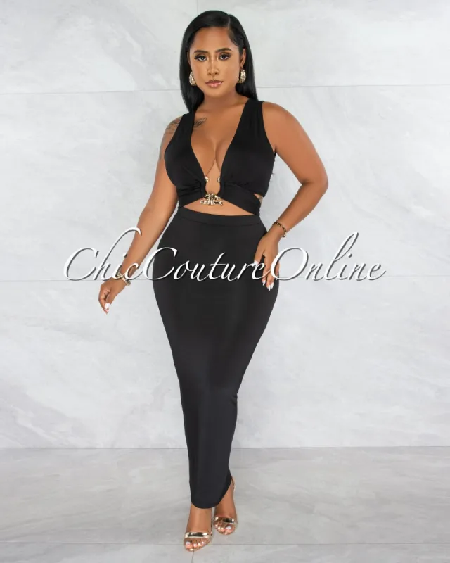 Samina Black Gold Accent Crop Top & Maxi Skirt Set sold by Chic Couture