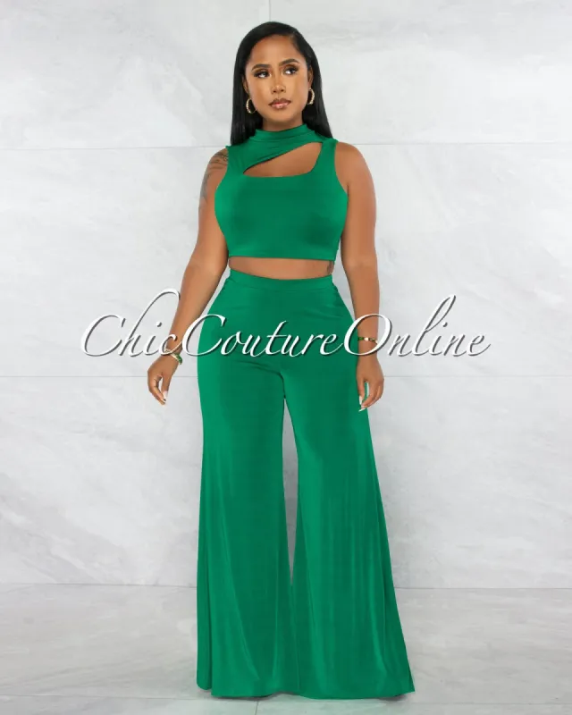 Vilette Green Key-Hole Crop Top & Wide Pants Set sold by chic