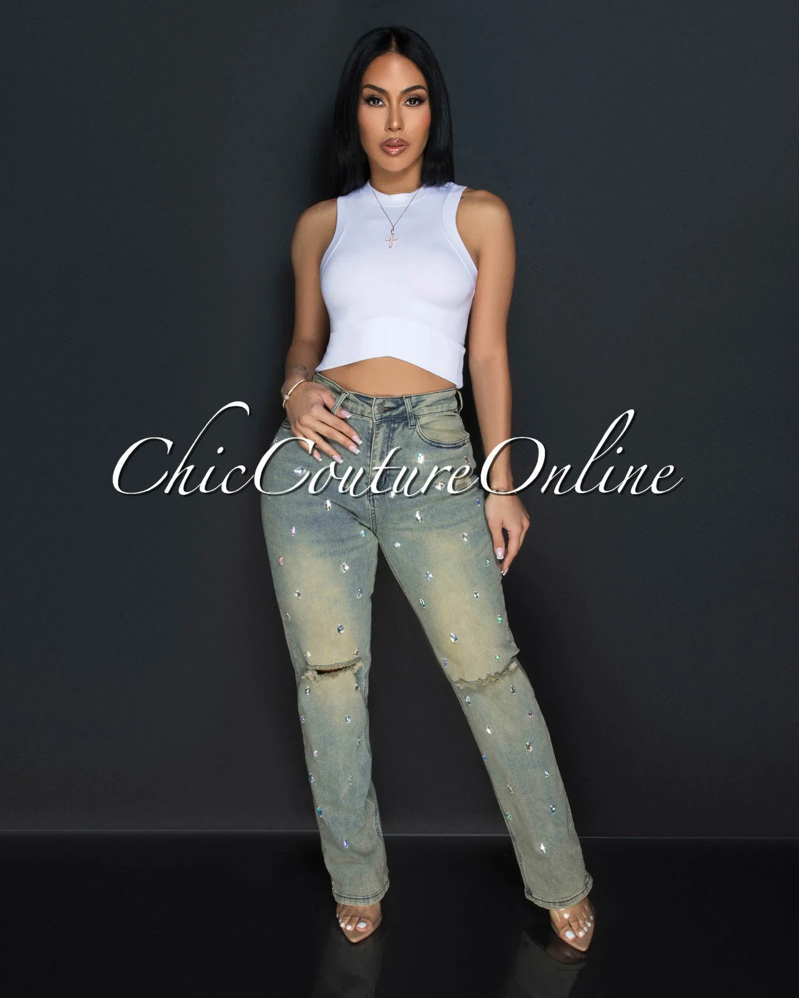 *Adora Beige Denim Rhinestones Accent Jeans sold by Chic Couture product image thumbnail 3