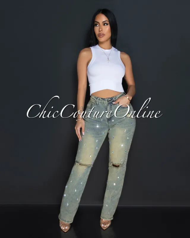 Adora Beige Denim Rhinestones Accent Jeans sold by Chic Couture