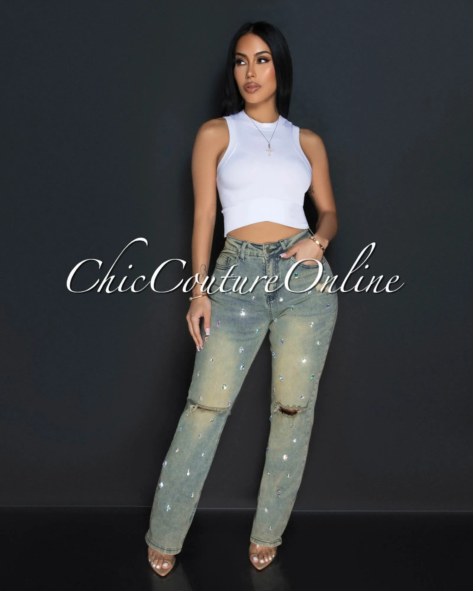 *Adora Beige Denim Rhinestones Accent Jeans sold by Chic Couture