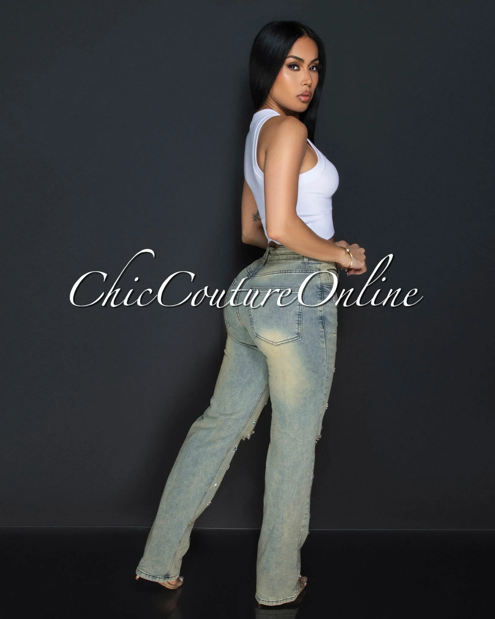 *Adora Beige Denim Rhinestones Accent Jeans sold by Chic Couture product image thumbnail 4