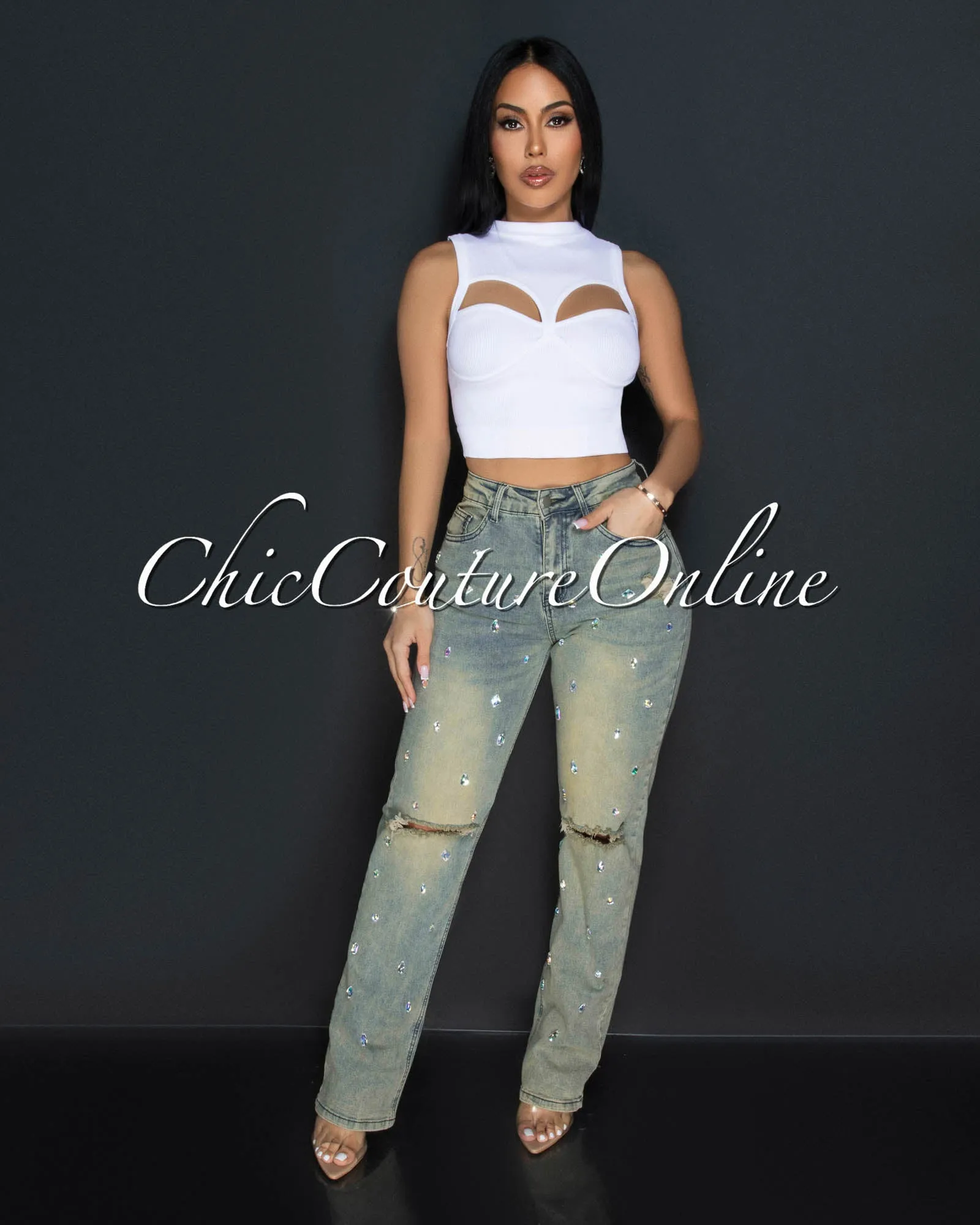 *Adora Beige Denim Rhinestones Accent Jeans sold by Chic Couture product image thumbnail 5