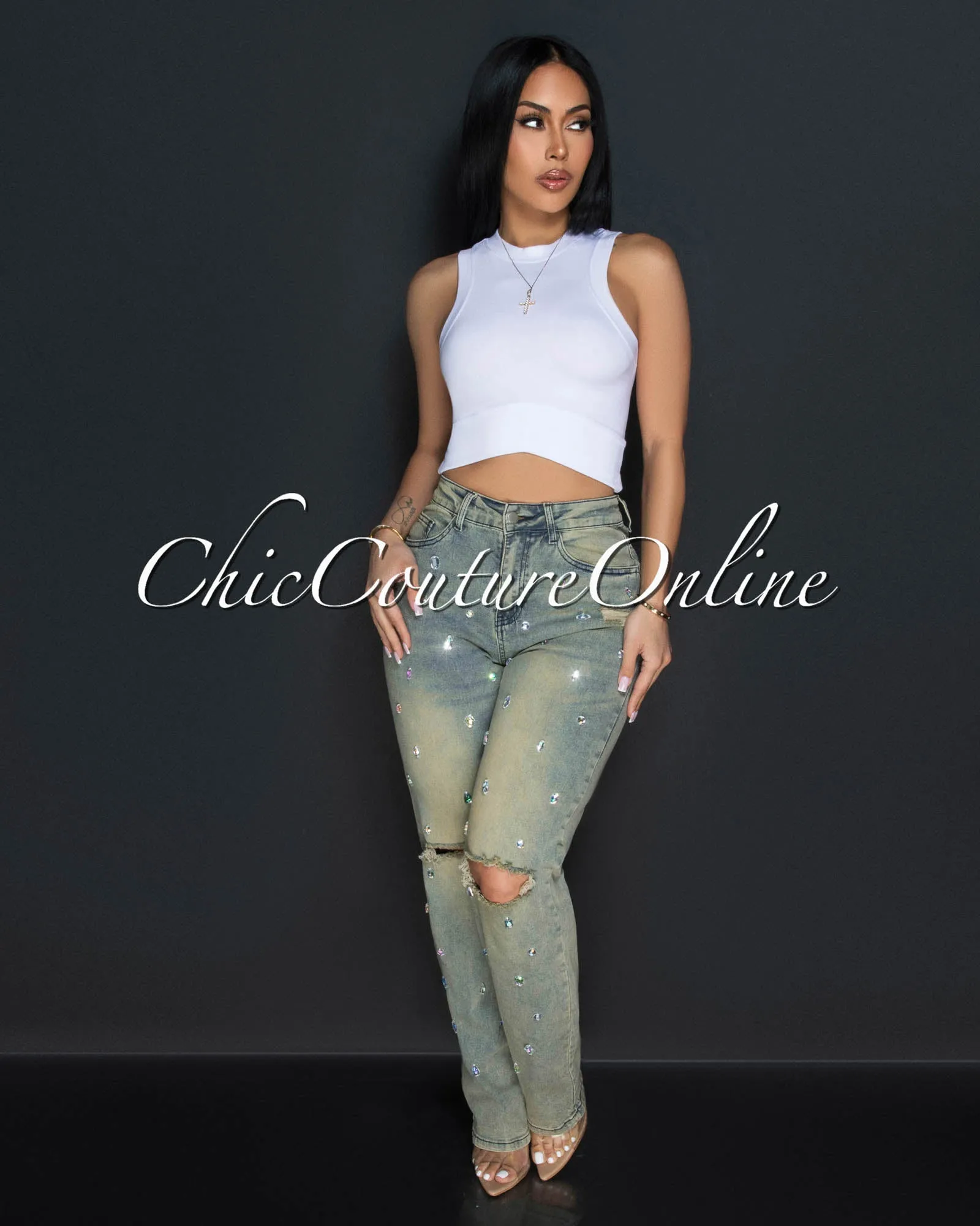 *Adora Beige Denim Rhinestones Accent Jeans sold by Chic Couture product image thumbnail 2
