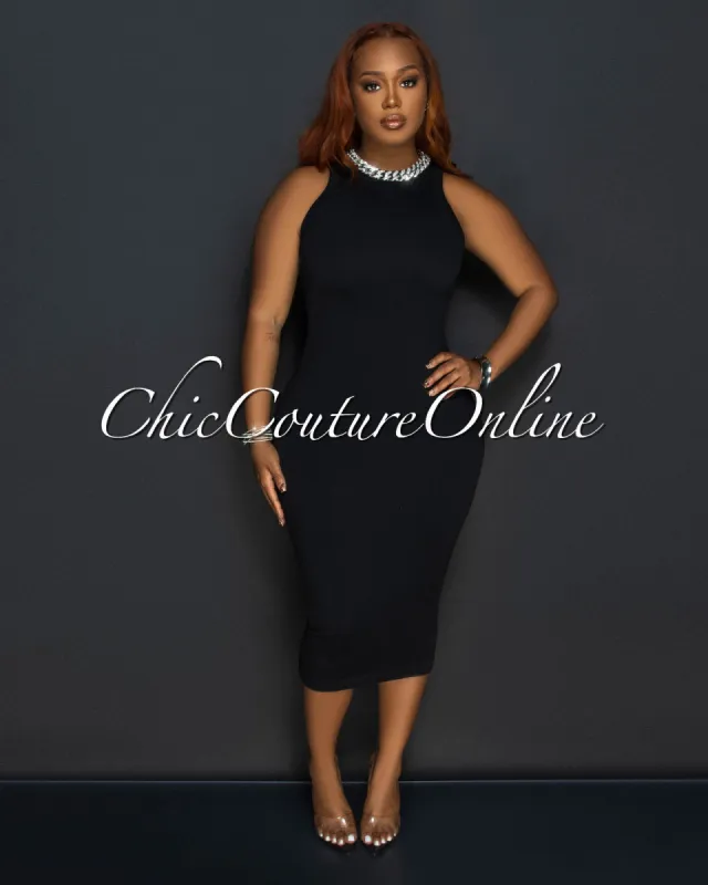 Liona Black Sleeveless Ribbed Midi Dress sold by Chic Couture