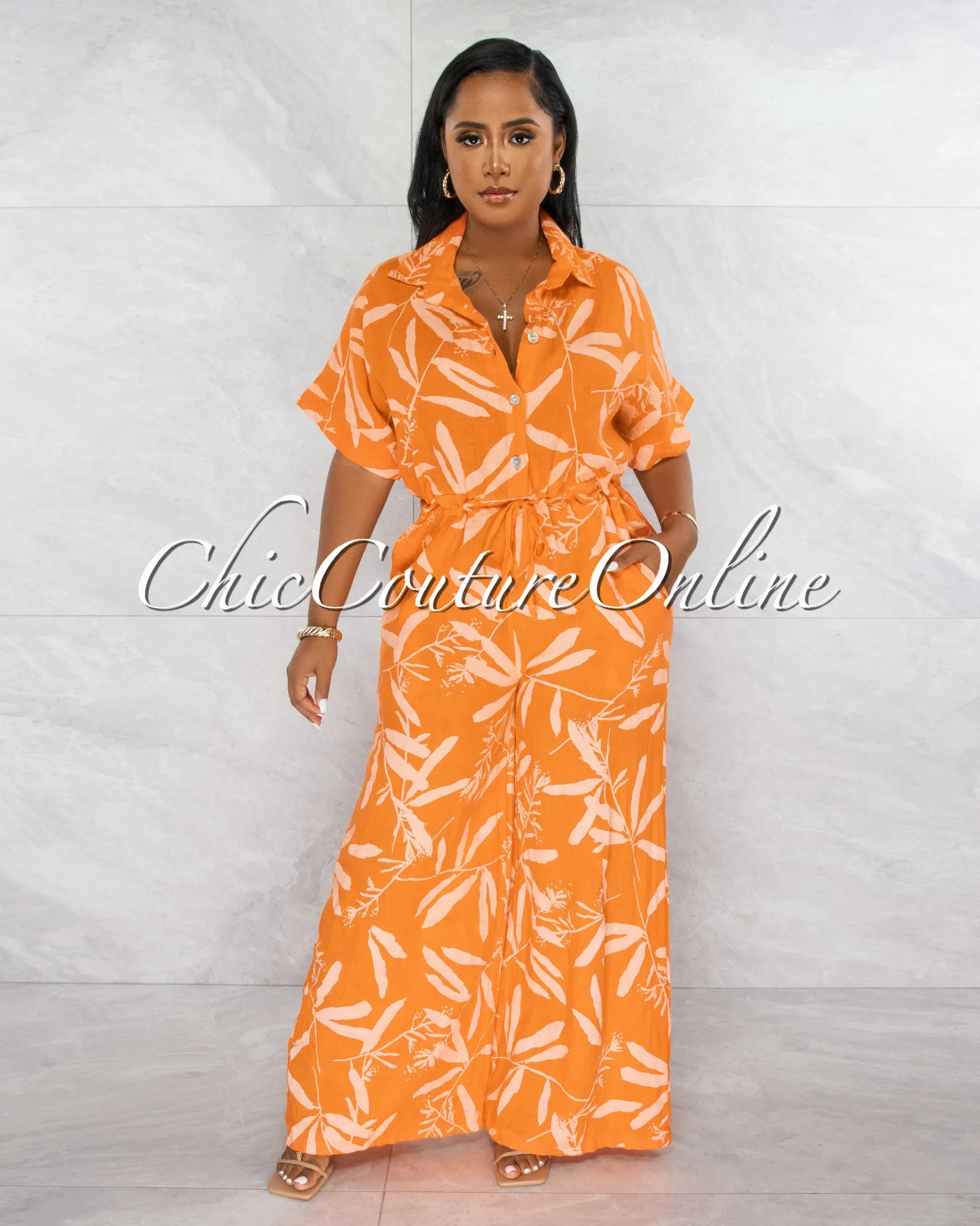 *Banley Orange Leaf Print Wide Legs LINEN Jumpsuit sold by Chic Couture