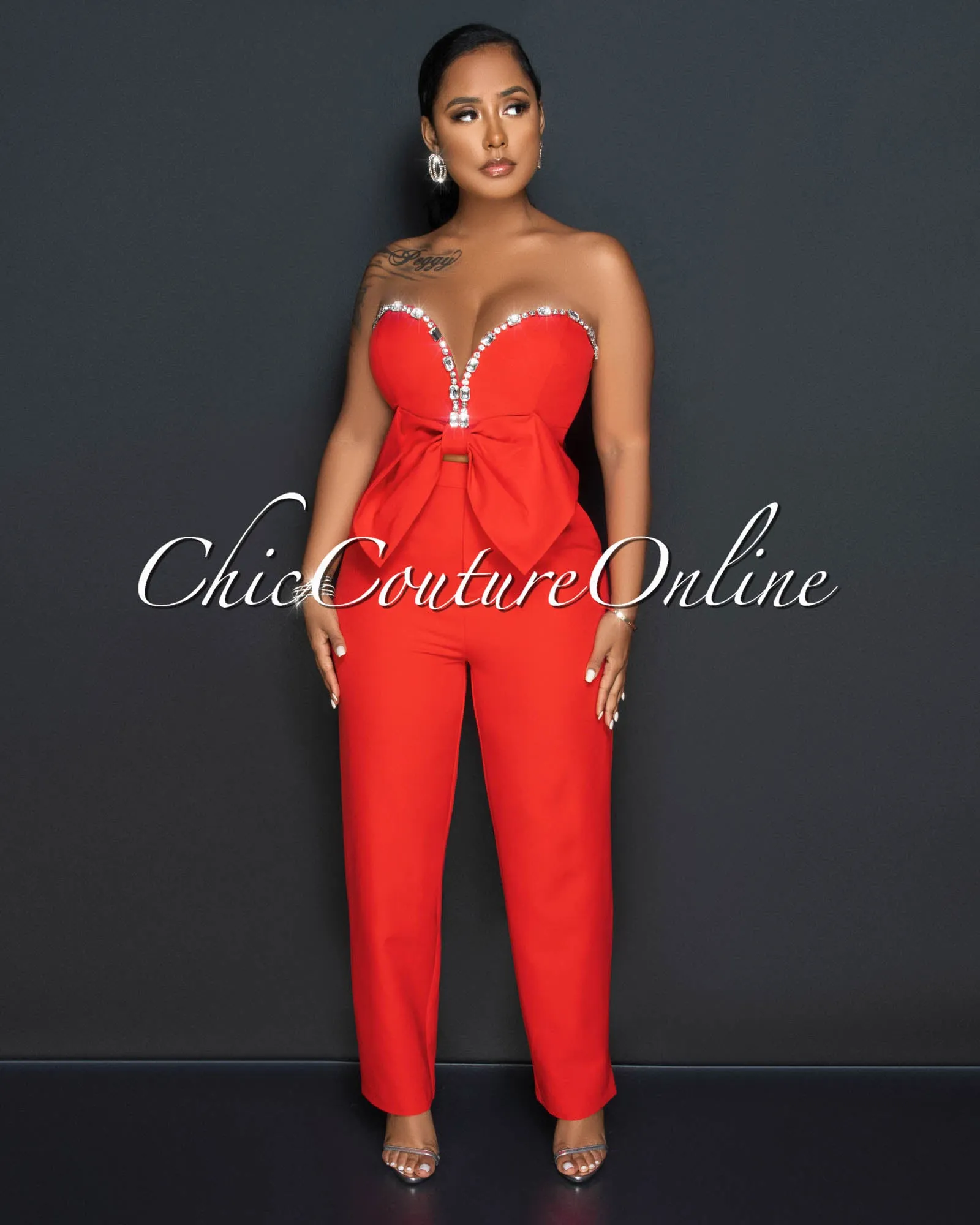 *Falcon Red Rhinestones Bow Crop Top & Pleated Pants Set sold by Chic Couture product image thumbnail 2