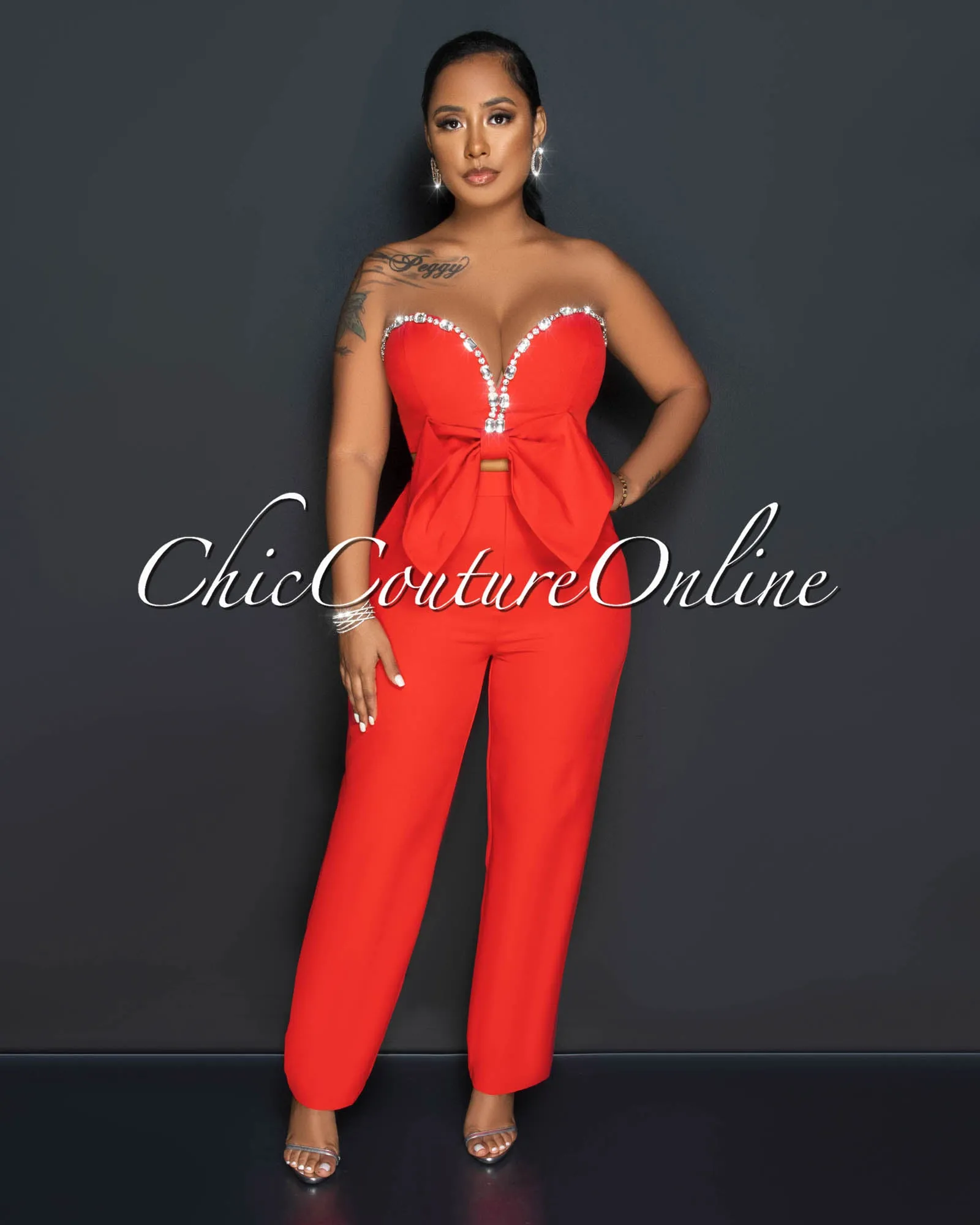 *Falcon Red Rhinestones Bow Crop Top & Pleated Pants Set sold by Chic Couture