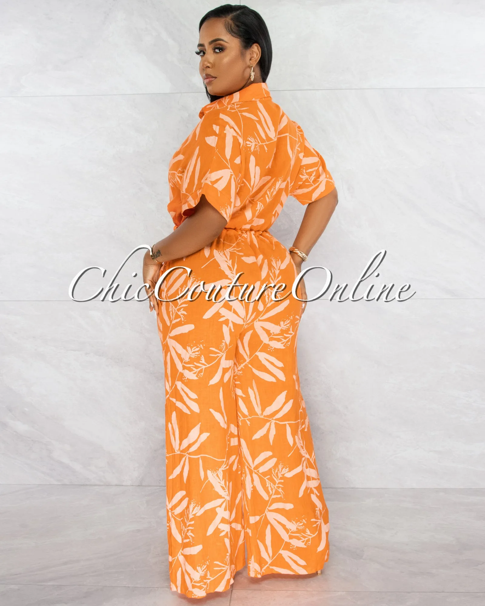 *Banley Orange Leaf Print Wide Legs LINEN Jumpsuit sold by Chic Couture product image thumbnail 3