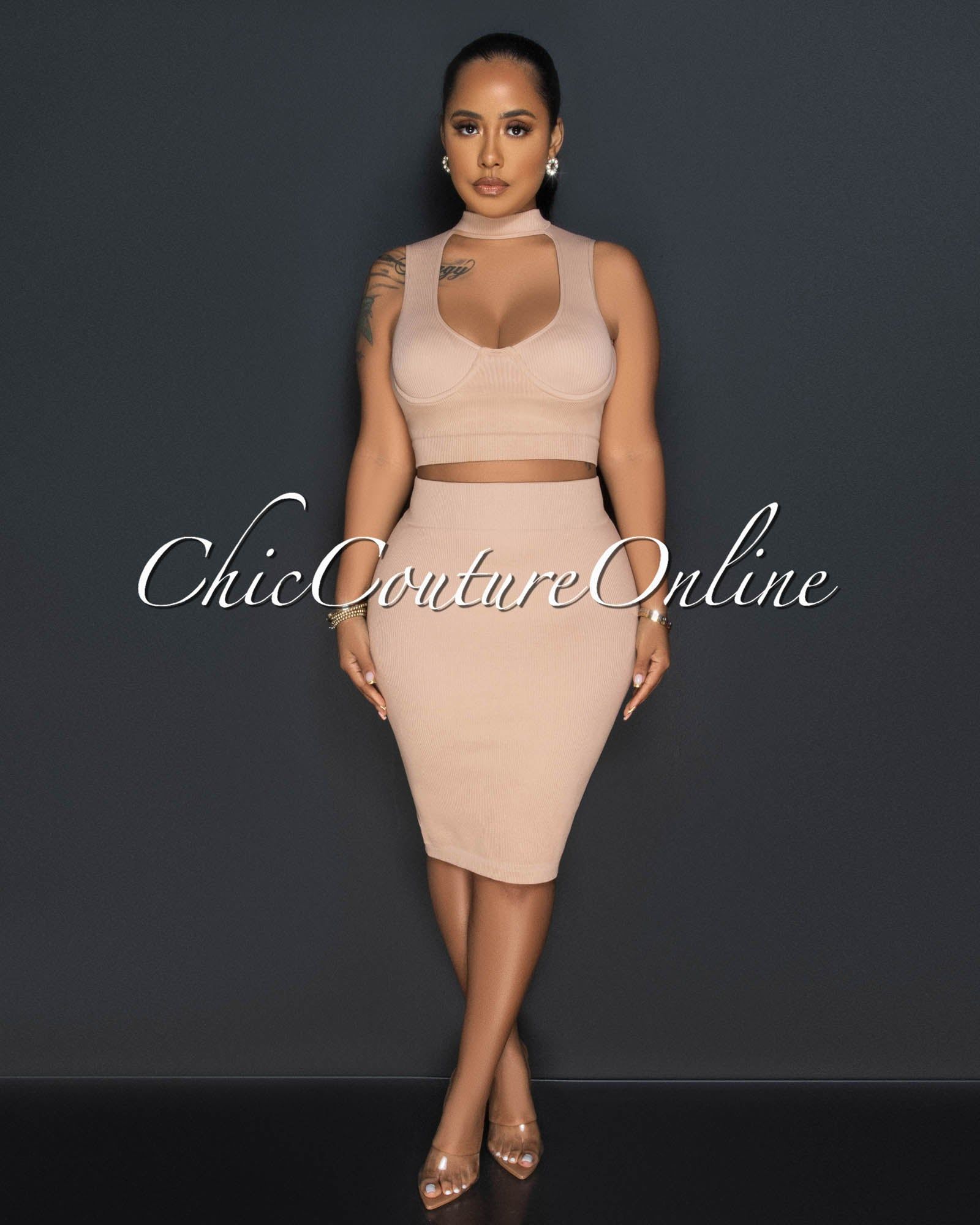 Odera Nude Bust Cut-Out Crop Top & SCULPTING Skirt Set sold by Chic Couture