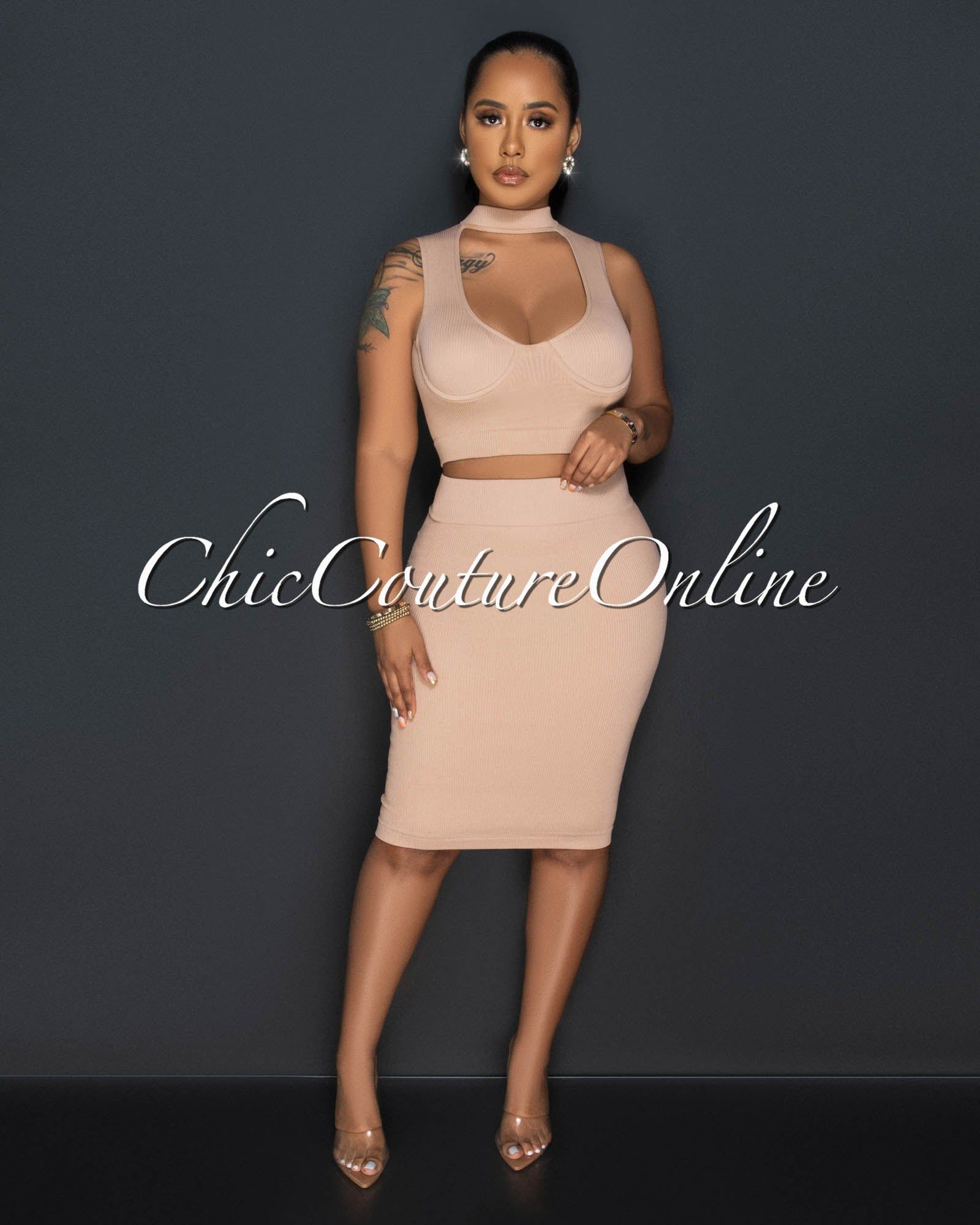 Odera Nude Bust Cut-Out Crop Top & SCULPTING Skirt Set sold by Chic Couture product image thumbnail 2