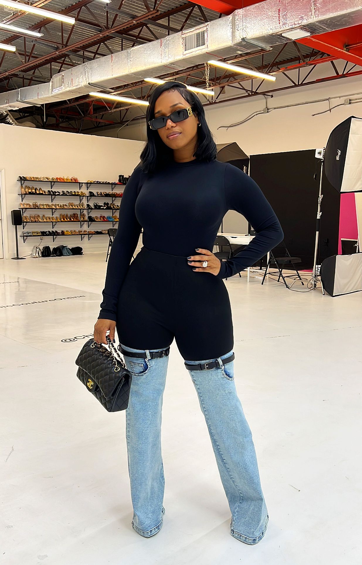 Dollie Black Light Denim Two-Tone Belted Wide Legs Jeans sold by Chic Couture