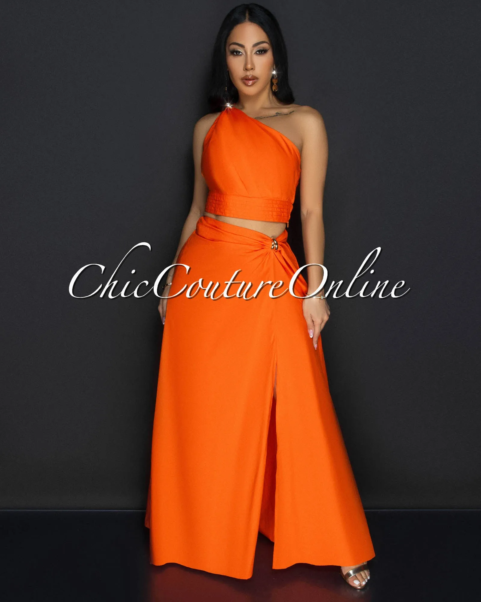 Ceci Orange Gold Accent Top & Skirt Two Piece Set sold by Chic Couture