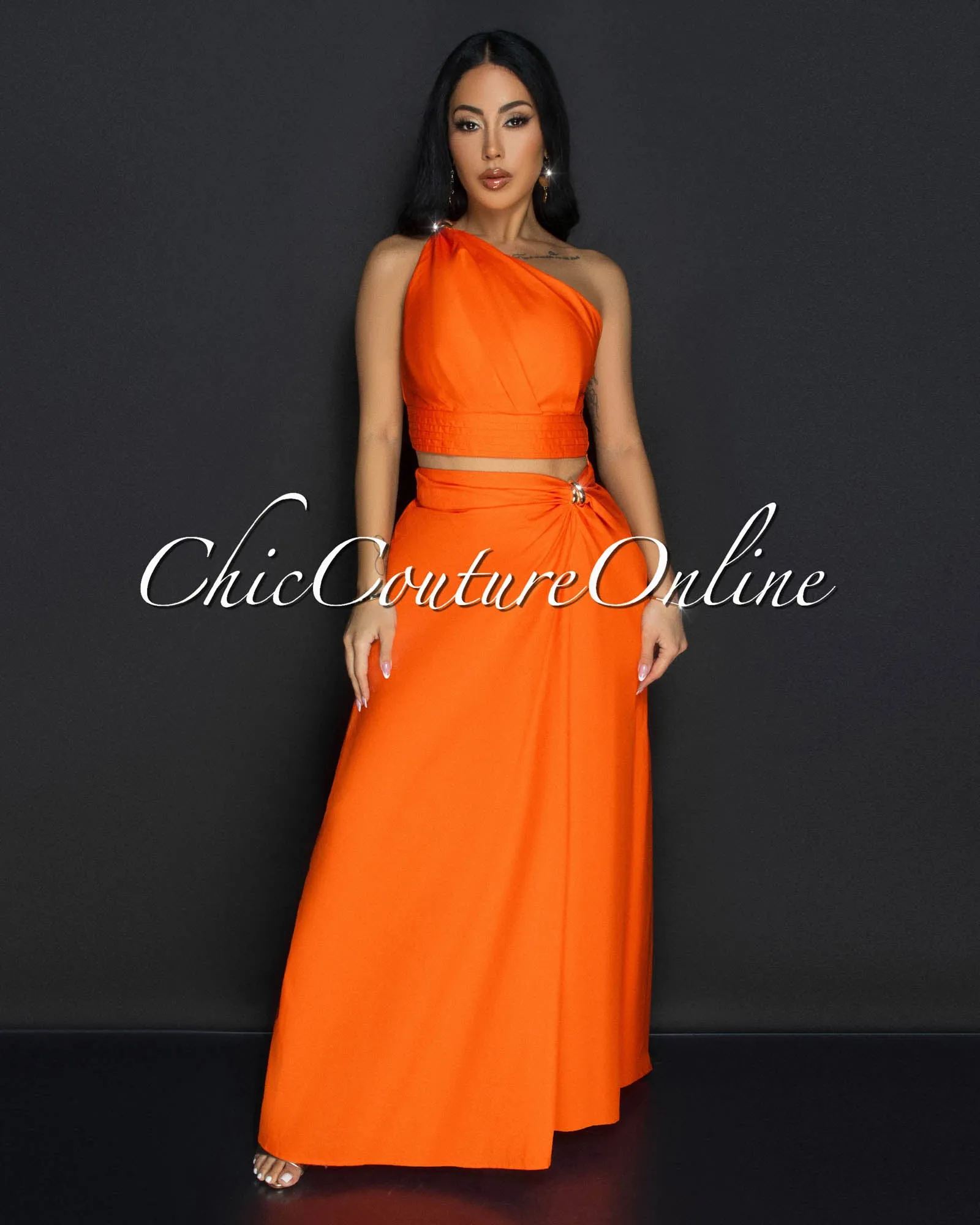 Ceci Orange Gold Accent Top & Skirt Two Piece Set sold by Chic Couture product image thumbnail 2